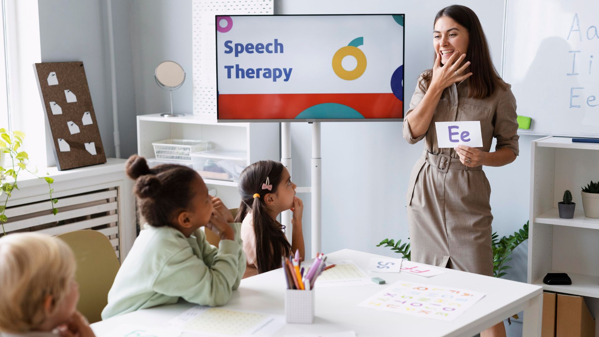 Early intervention: speech therapist teaching letter sounds